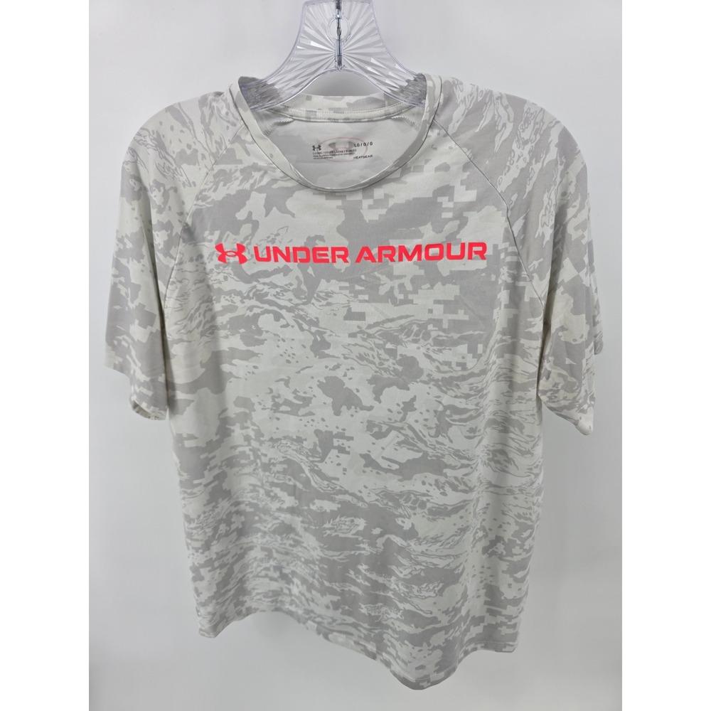 Under Armour HeatGear Mens Grey Digital Camo Neon Orange Logo T-Shirt Large